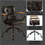 Fauteuil de bureau pivotant vintage en similicuir, orné de clous décoratifs, avec accoudoirs en bois et piètement en métal, sans relevage.-1244774036
