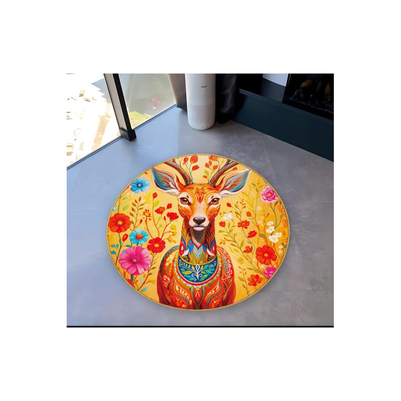 Tapis rond tissé à la machine à motif de cerfs orange lavable à la machine