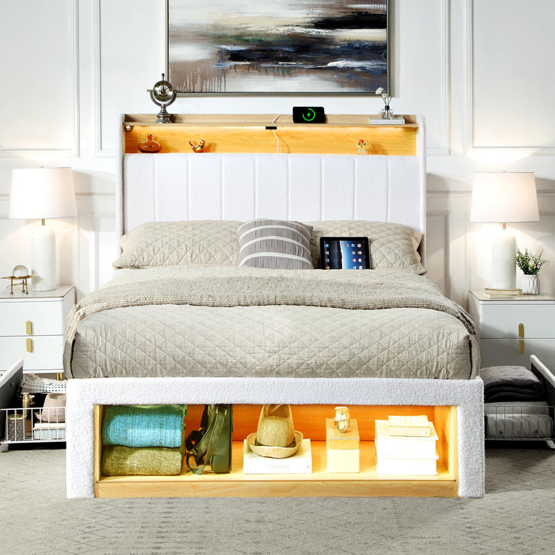 Modern RGB LED Lights Upholstered Platform Bed Frame with Wood Storage Headboard & USB Charging Ports, Noiseless Low Profile Footboard with Open Shelving. (Queen)
