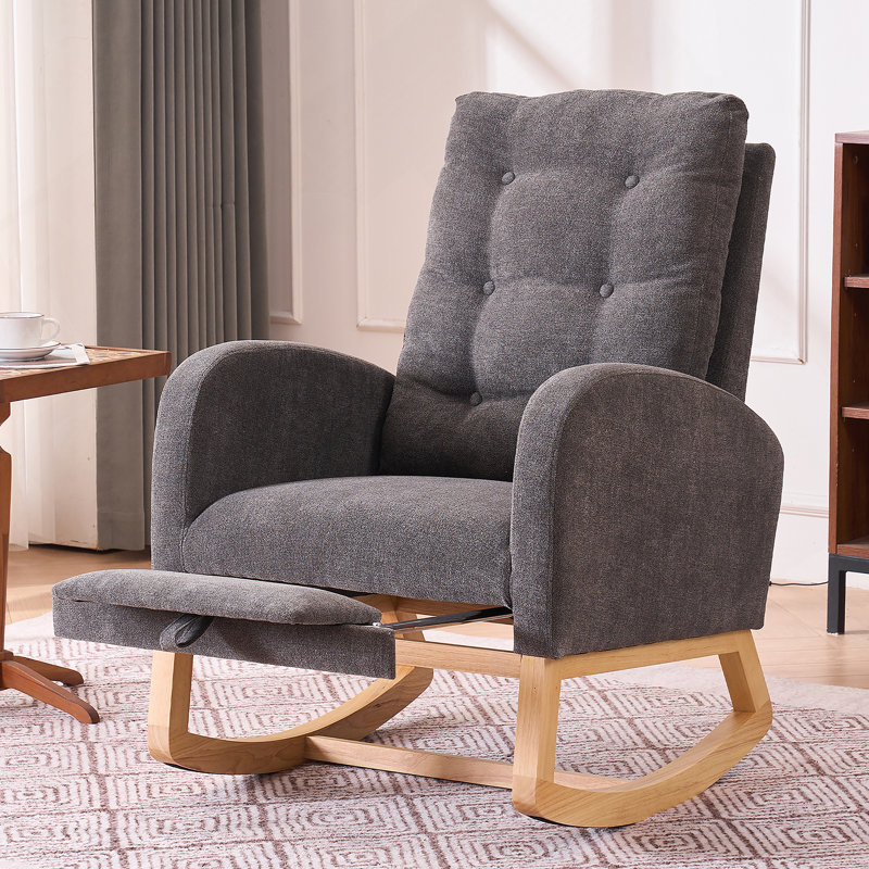 Chaise berçante d'appoint avec repose-pieds et pieds en bois d'hévéa à haut dossier, Gris