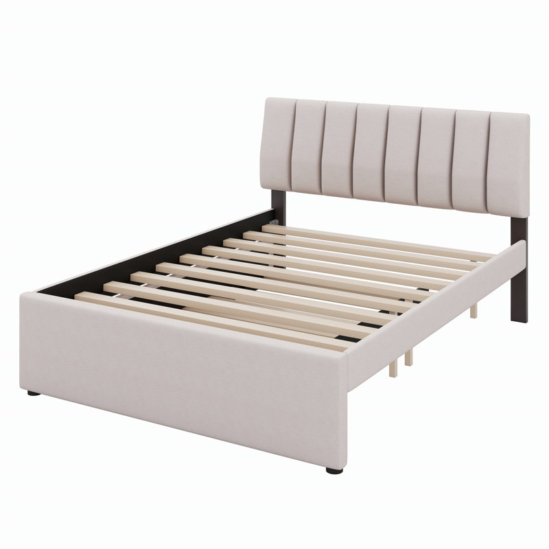 Grand lit plateforme tapissier en molleton avec gigogne, Double, Beige