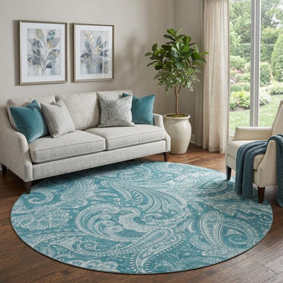 Tapis rond lavable en cachemire turquoise et ivoire 8 pi avec protection UV