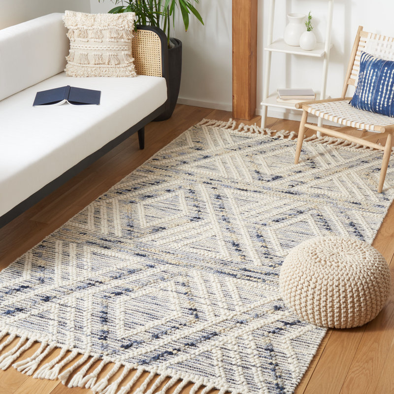 Garstang Geometric Hand-Loomed Jute/Sisal/Wool/Cotton Ivory / Blue Area Rug, Rectangle 4' x 6'