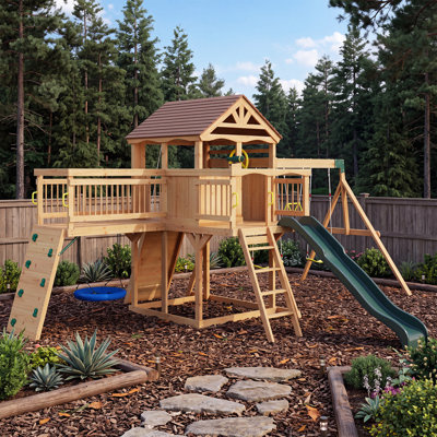 Wooden Swing Set with Slide & Rock Climbing Wall, Backyard Playset with 2 Belt Swings, Trapeze Bar, 60" Saucer Swing, Telescope & Steering Wheel, Ceda