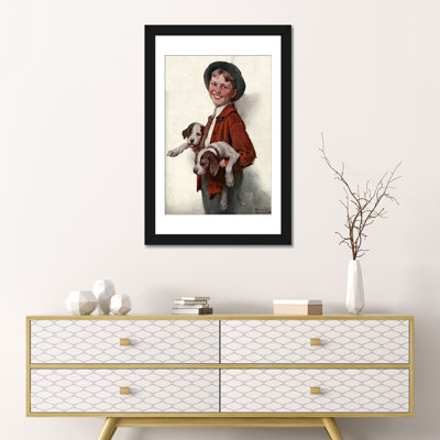 «Boy with Puppies», peinture sur toile tendue