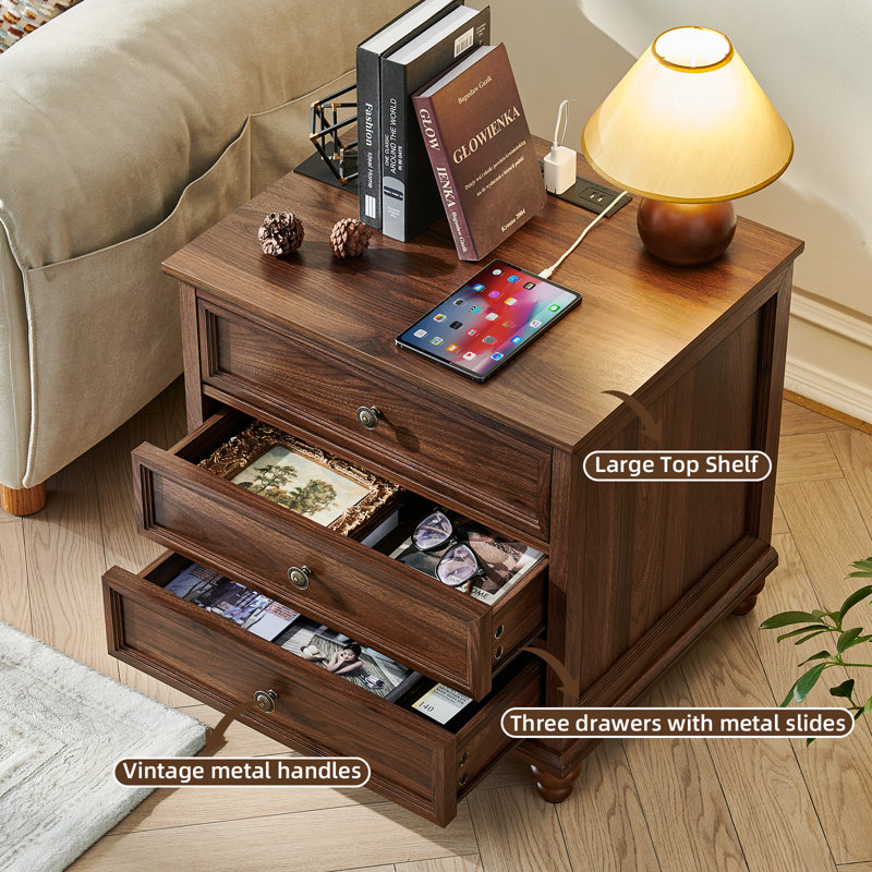 Farmhouse Nightstand With Charging Station, 24" Wide End Table With 3 Drawers,Wood Dresser Cabinet For Bedroom, Bed Side Table Chest Of Drawers,Night Stand For Living Room, Closet