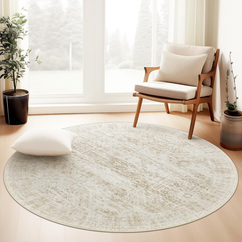 Tapis lavable rétro antidérapant (beige), Rond 5 pi