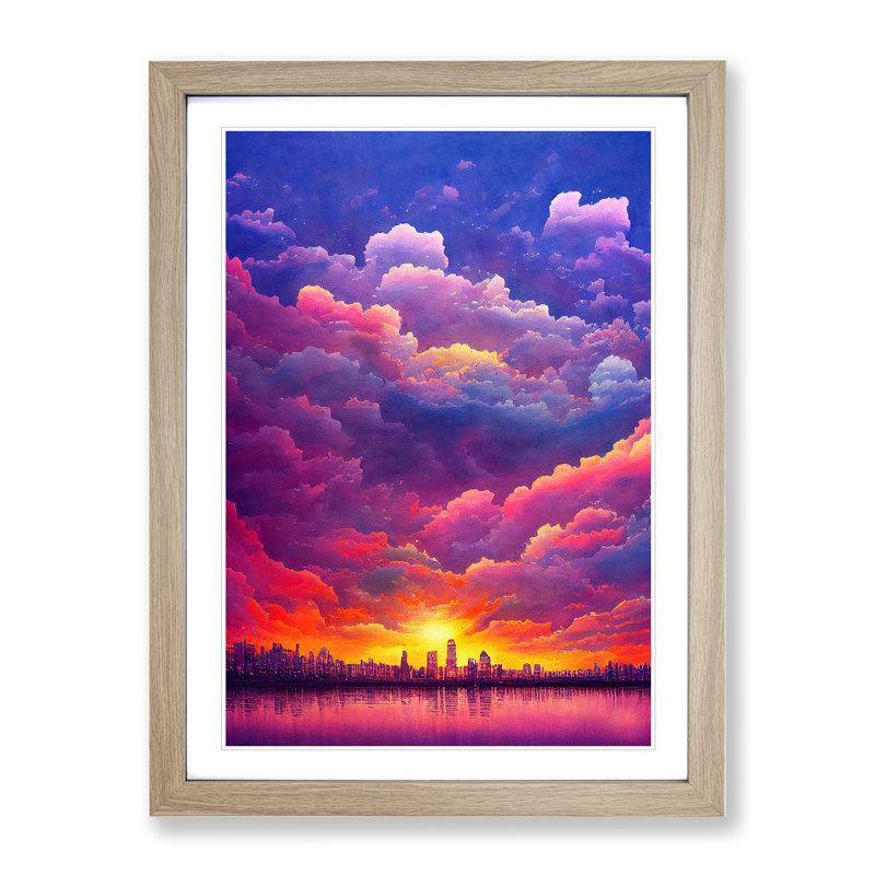 Watercolour City Skyline Clouds No.4 - Single Picture Frame Painting, 34cm H x 25cm W x 2cm D, Oak Framed