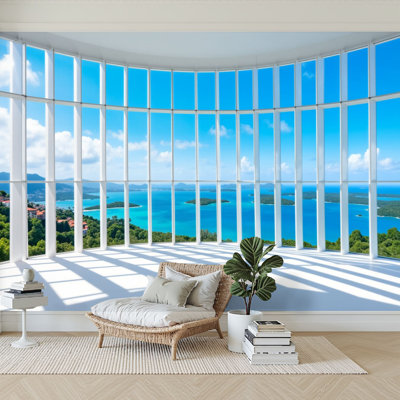 Papier peint adhésif moderne blanc avec colonnes murales architecturales, vue sur l'océan, ciel bleu, 100 po x l 144 po, papier peint amovible en PVC, adhésif mural pour chambre à coucher, bureau à domicile