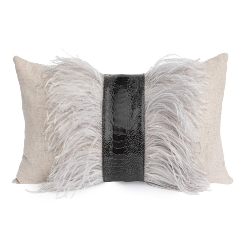 Linen Lumbar Pillow with Ostrich Feather Trim, Natural Linen/Gray Ostrich Feather