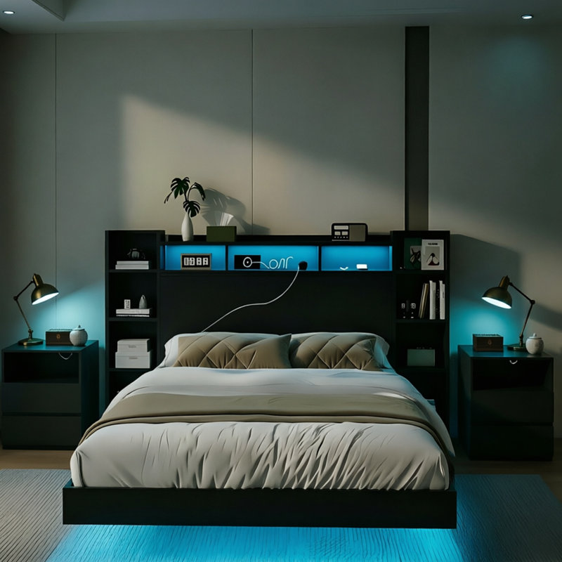 Ensemble de chambre à coucher double 3 pièces, cadre de lit entièrement en métal avec DEL et 2 tables de chevet en bois avec éclairage DEL et station de charge