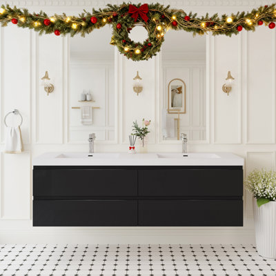 72" Floating Bathroom Vanity With Sink, Modern Wall-Mounted Bathroom Storage Vanity Cabinet With Solid Surface Top Basin And 4 Soft Close Drawers, Glossy Black GF-24V11-72GB-W1573P152693