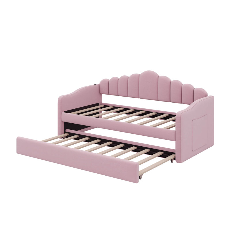 Twin-Size Upholstered Daybed With Pull-Out Bed, Plush Velvet Sofabed With USB Charging Stations