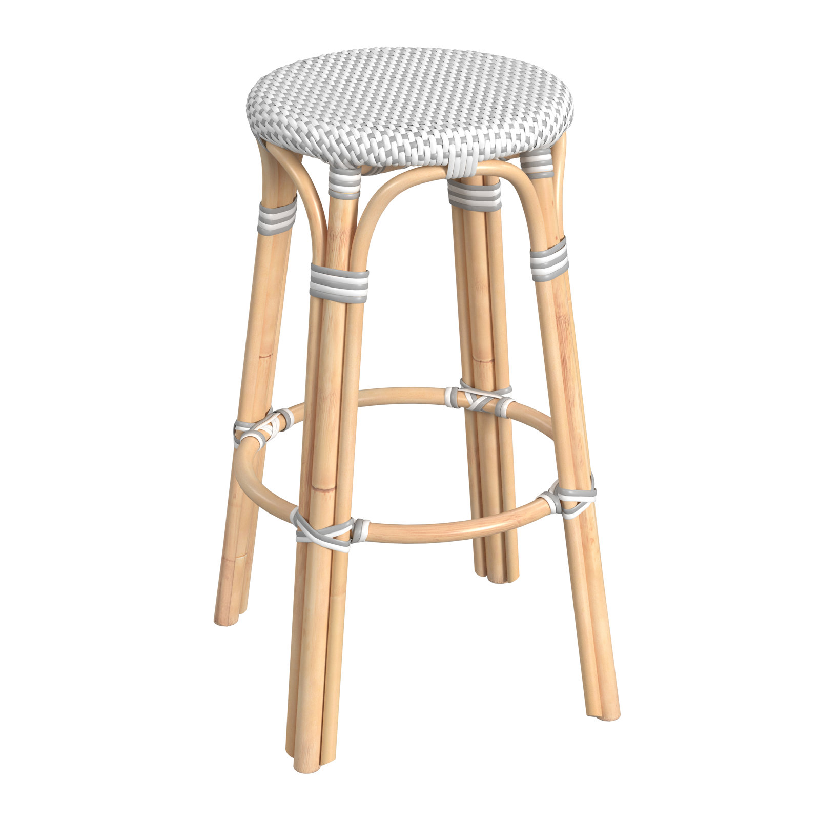 Alastair Bar & Counter Stool, Bar Stool (30" Seat Height), White/Gray Dot/Natural Rattan Frame