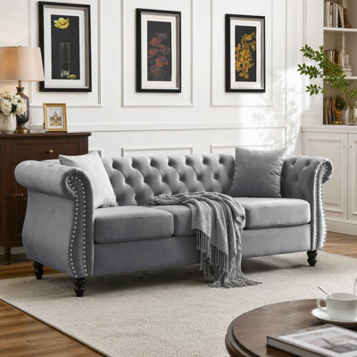 Canapé Chesterfield 58,8 po en velours beige pour salon, canapé 2 places capitonné avec accoudoirs roulés et tête de clou pour salon, chambre à coucher, bureau, appartement, deux coussins