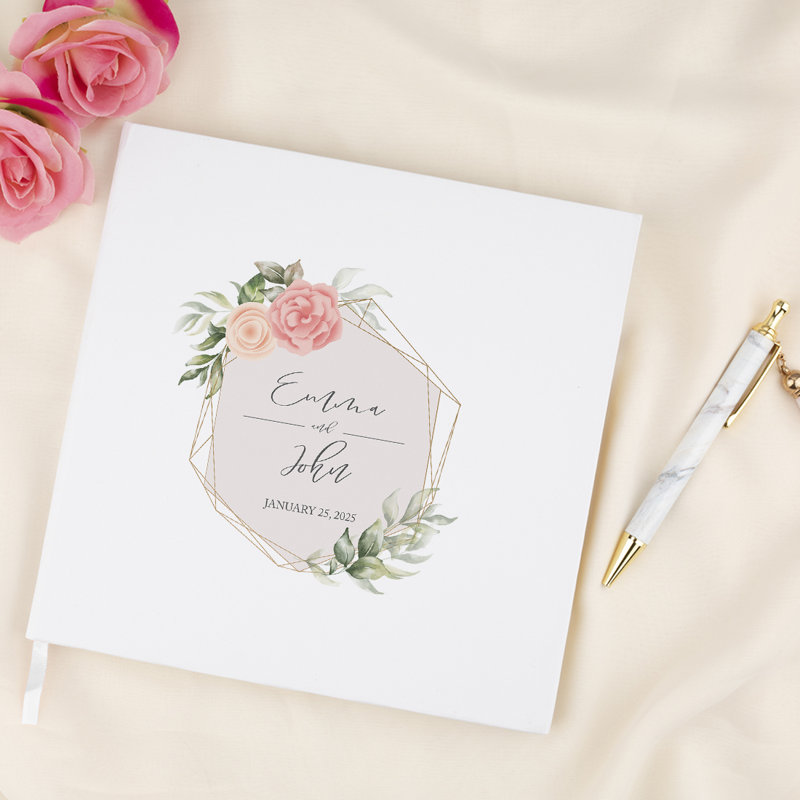 Livre d'or de mariage personnalisé, fleurs géométriques roses et corail blanches, Oui