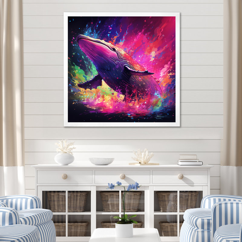 Abstrait baleine colorée - Art mural baleine, Cadre simple blanc, H 30 po x l 30 po x P 1,5 po
