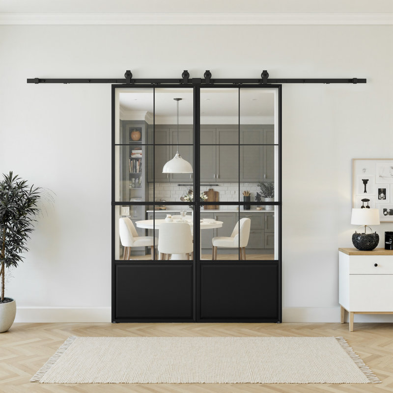 Portes de grange doubles coulissantes en métal et verre 3/4 Lite avec trousse de quincaillerie d'installation et fermeture en douceur (deux pièces de portes)