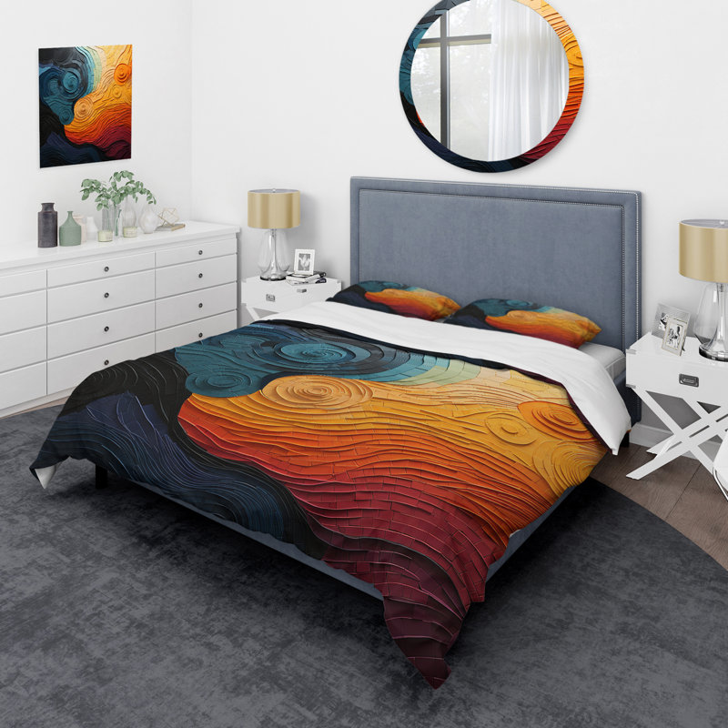 Teal Orange Op Art Rhythmic Illusion II - Abstract Duvet Cover Set, Queen Duvet Cover + 2 Standard Shams