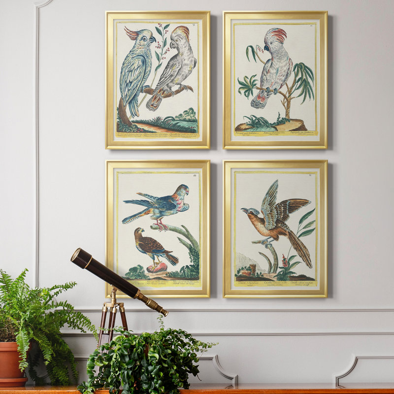 «Pastel Birds I», toile encadrée de qualité supérieure - prête à être accrochée, Cadre doré, H 24,5 po x l 74 po x P 1 po