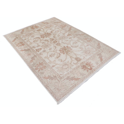 Tapis beige en laine noué à la main 5 x 7 pi pour le salon, la salle à manger, le bureau et la chambre à coucher