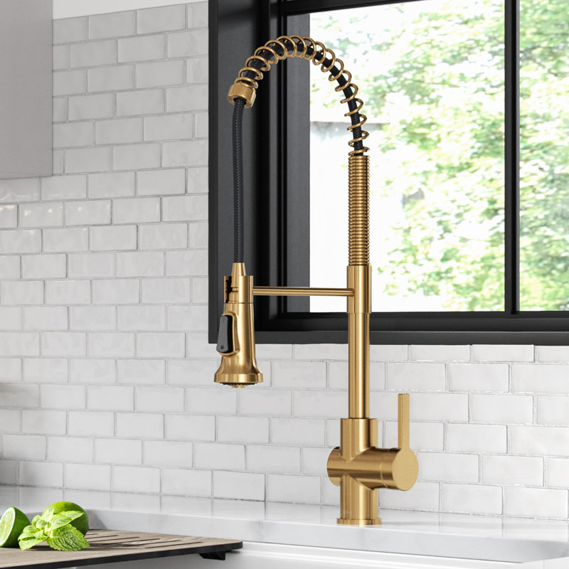 KRAUS Britt Commercial Style Single Handle Pull Down Kitchen Faucet, Brushed Brass