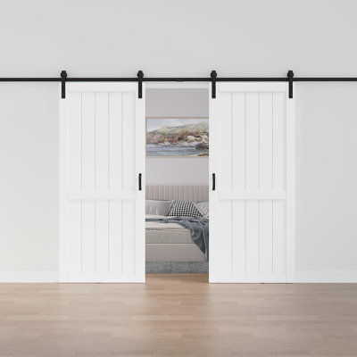 84''H Double Sliding Barn Door White Primed Paintable Solid Manufactured Wood Closet Pantry Interior Doors With Installation Hardware