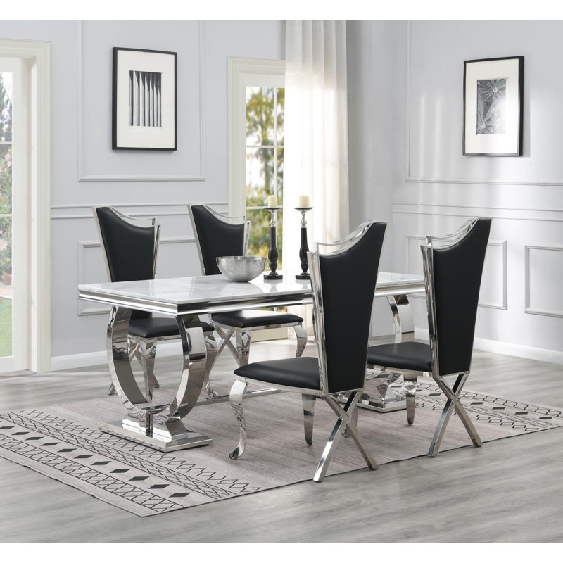 Table de salle à manger (marbre blanc) et 4 chaises en cuir noir, White Marble, 5 Pieces: Table, 4 Chairs