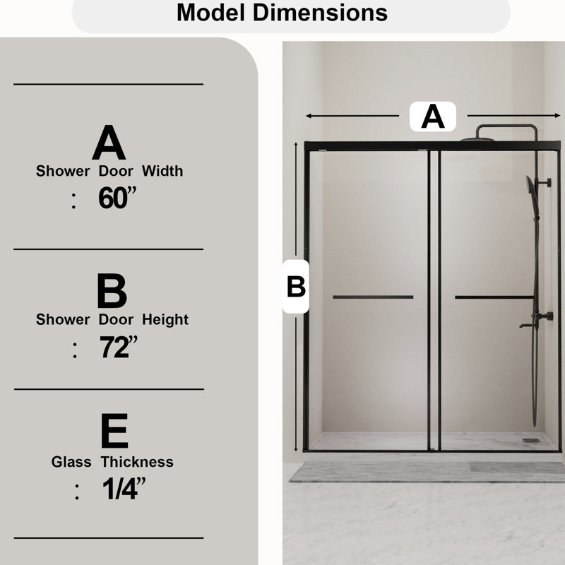 60 In. W 72 H Double Sliding Shower Door, 1/4 Tempered Glass, Semi - , Matte Black, Splash , Leak Reversible Black Wide High, Reversible,