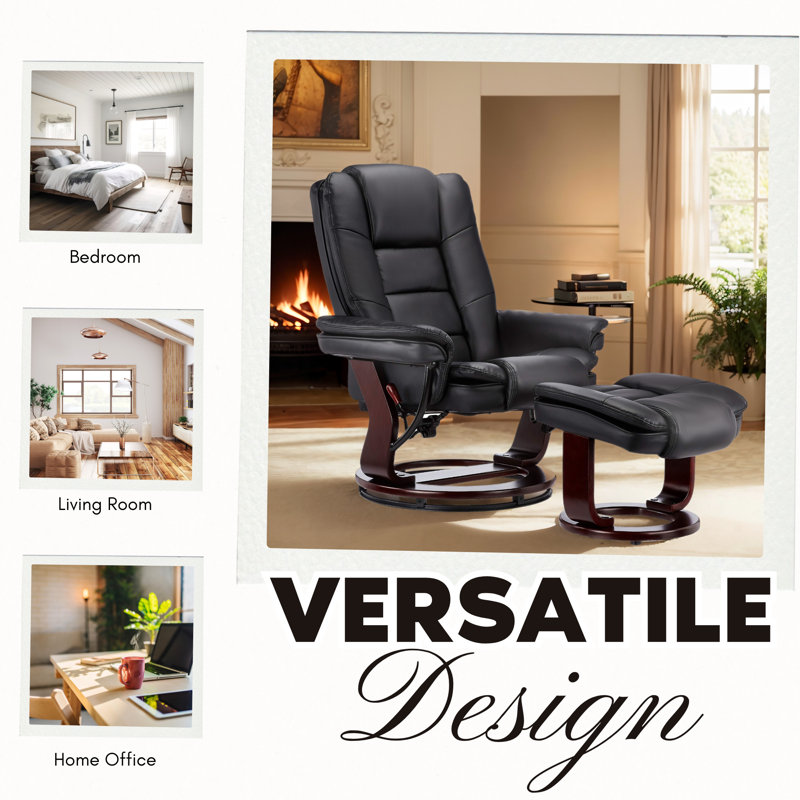Black Faux Leather Swivel Recliner with Ottoman