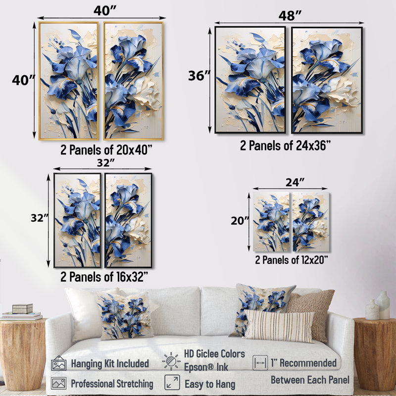 Blue And White Garden Of Irises II - Irises Canvas Wall Art, Black, 36" H x 48" W, Floater Framed Print
