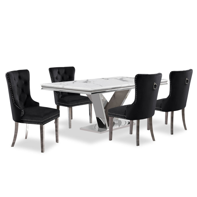 Rummel 78" Width Wingback Stainless Steel 5-Piece Dining Table Set, Noir