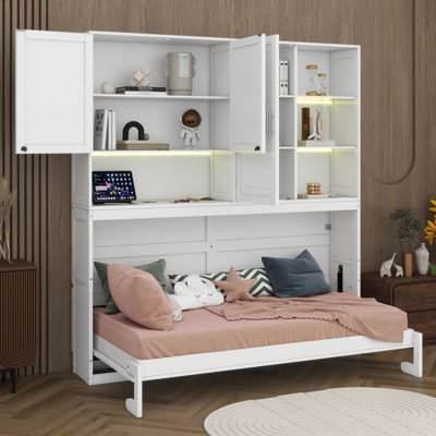 Lit escamotable simple avec armoire supérieure, lit escamotable avec tablettes, lit pliable peu encombrant avec éclairage et ports USB