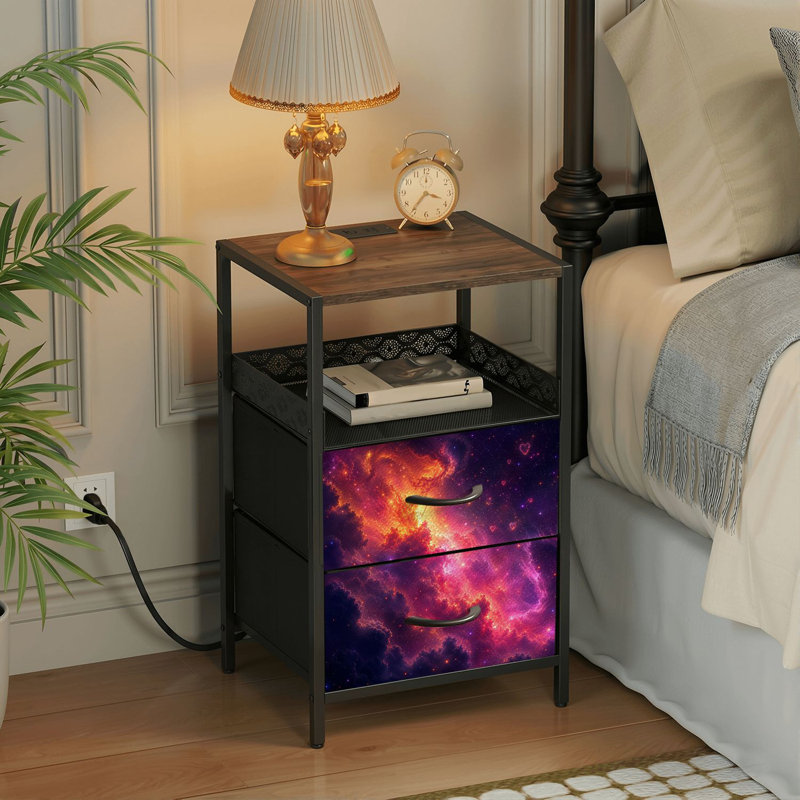 Table de chevet 2 tiroirs avec station de charge, table de chevet avec ports USB et amp; Table de chevet ouverte noire Outlets avec impression de l'espace nébuleux cosmique vibrant