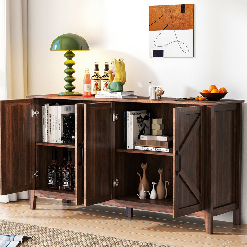Buffet autoportant avec 4 portes et tablettes ouvertes - Vaste espace de rangement pour la chambre à coucher, le salon, la salle à manger en noyer, le bureau facile à nettoyer