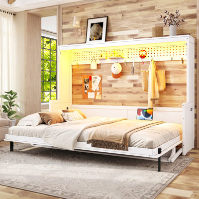 Grand lit escamotable avec bureau, station de charge USB, lumières DEL