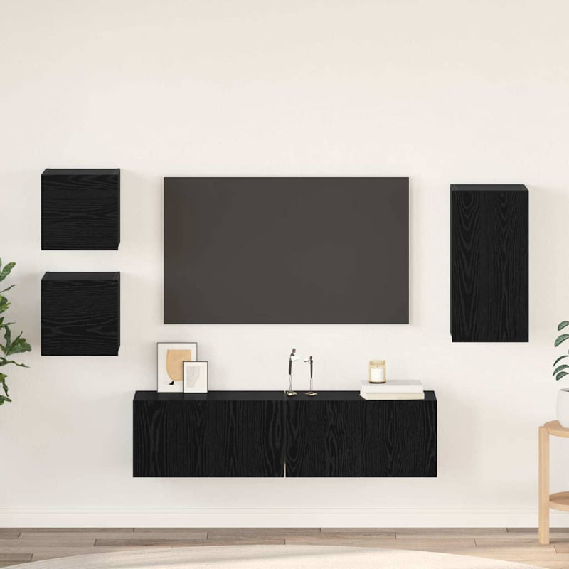 TV Cabinet Set Wall-Mounted 5 Pcs Engineered Wood, Black Oak