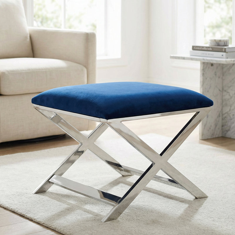 X Bench Contemporary Ottoman, 23" in Blue Velvet