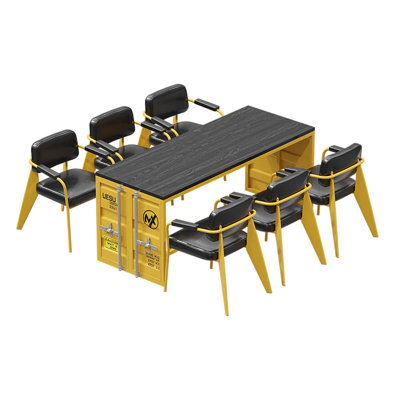 Personalized Industrial Leisure Iron Table&chairs 6 - Person Solid Wood Top Trestle Dining Set