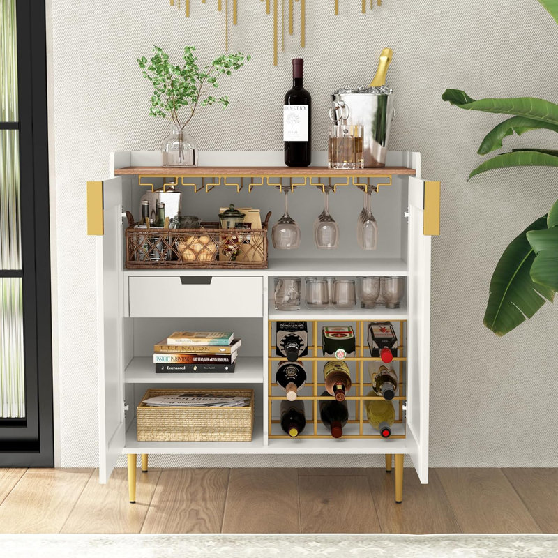 Sideboard Buffet Cabinet with Fluted Texture, Modern Coffee Bar Cabinet with Wine Rack&Drawers, White