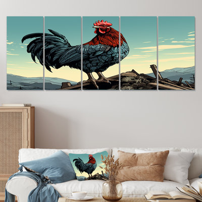 Coq dans la ferme, lever de soleil - Poulet, art mural 5 pièces pour le salon