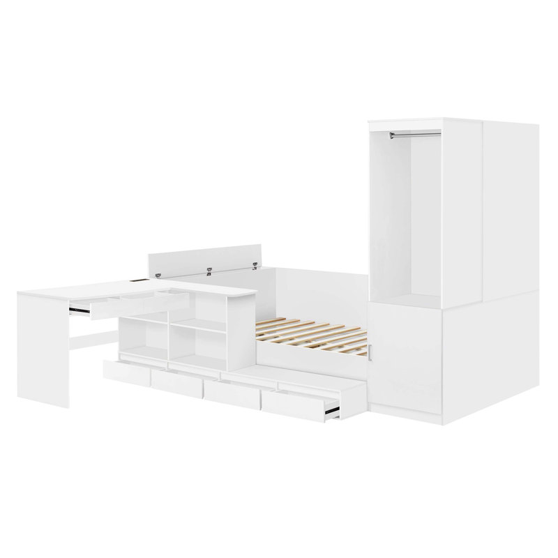 Wooden Platform Bed with Drawers, Shelves, Desk and Wardrobe