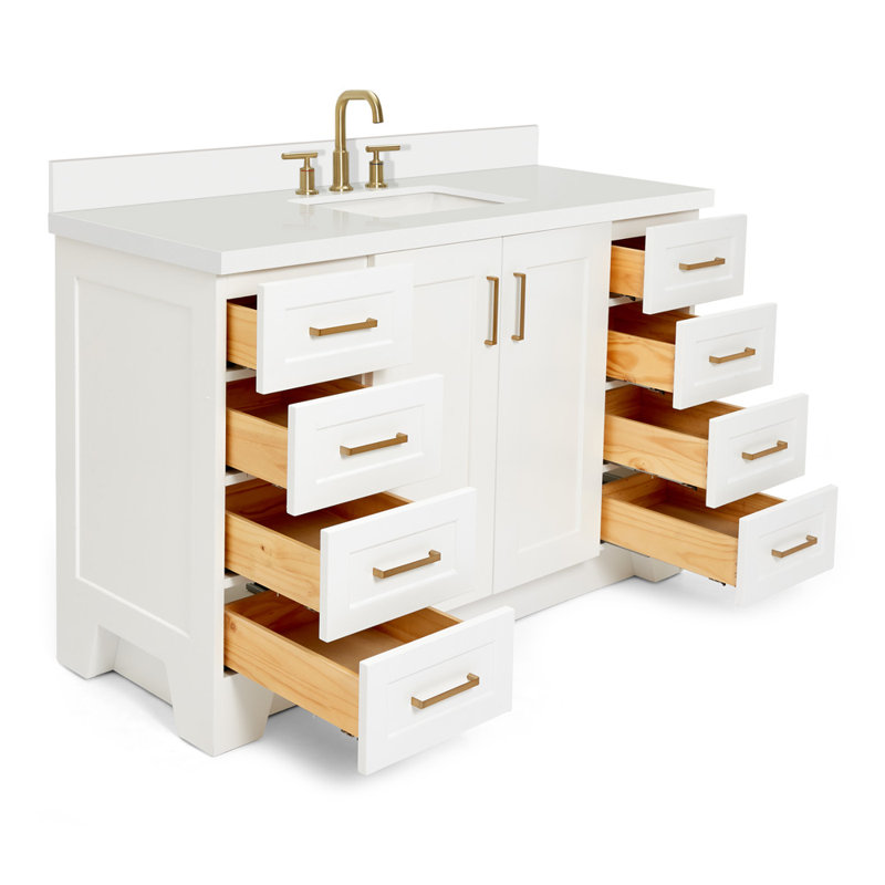 Freitas 55" Solid Wood Single Bathroom Vanity in White with 1.5'' Pure White Quartz Top, Center, Rectangle Sink, Rectangle