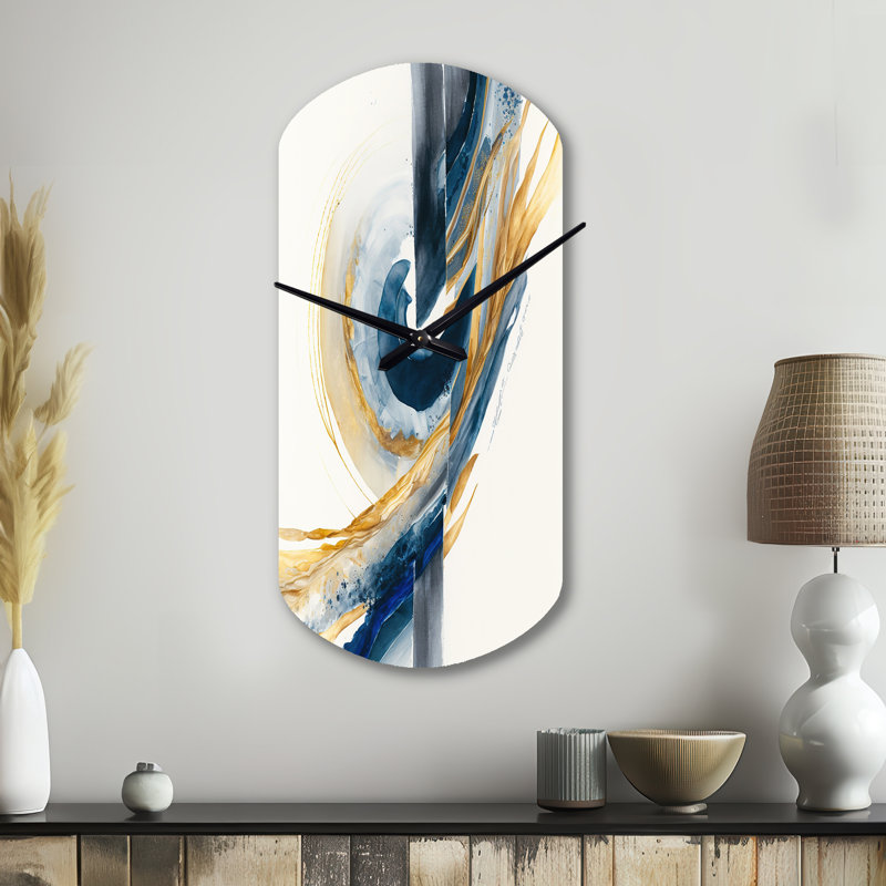 Bleu et or tourbillon abstrait V - spirales abstraites en métal asymétrique horloge murale, horloge murale de forme unique moderne