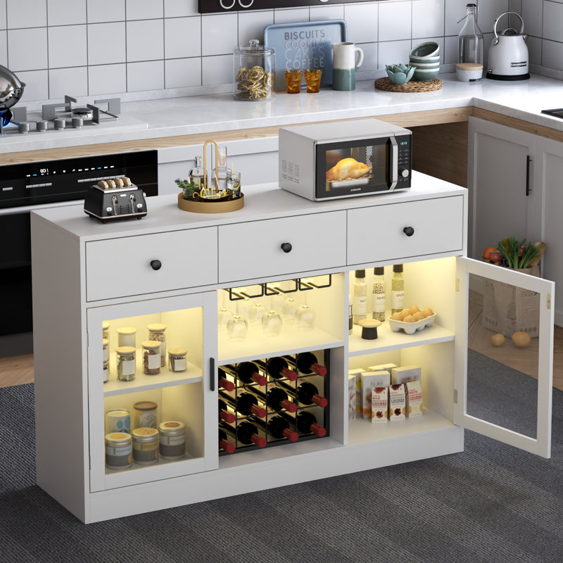 White Modern Wine Bar Cabinet with LED Lights and Glass Doors