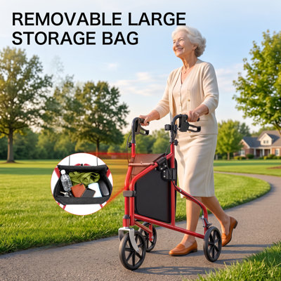 Lightweight 3 Wheel Walker for Seniors, 13 lbs Foldable Aluminum Rollator with Locking Hand Brakes, 8" Wheels, Ergonomic Grip, Storage Pouch & Cup Holder, Compact for Narrow Doorways & Travel