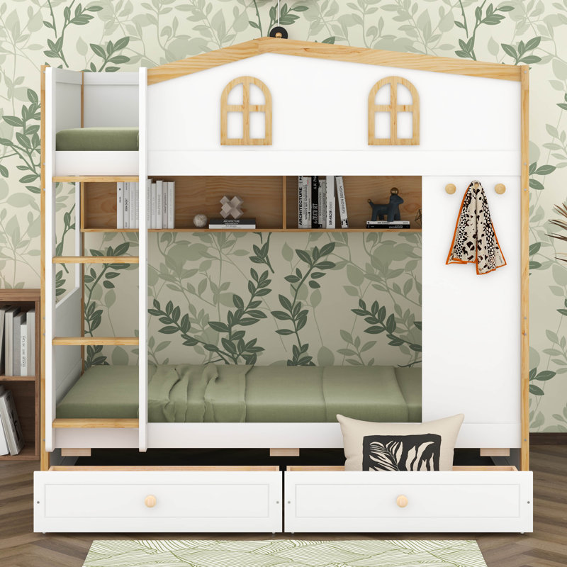 Lit superposé avec garde-corps et rangement en forme de maison, lit superposé en bois pour enfants avec tablettes et tiroirs, échelle robuste