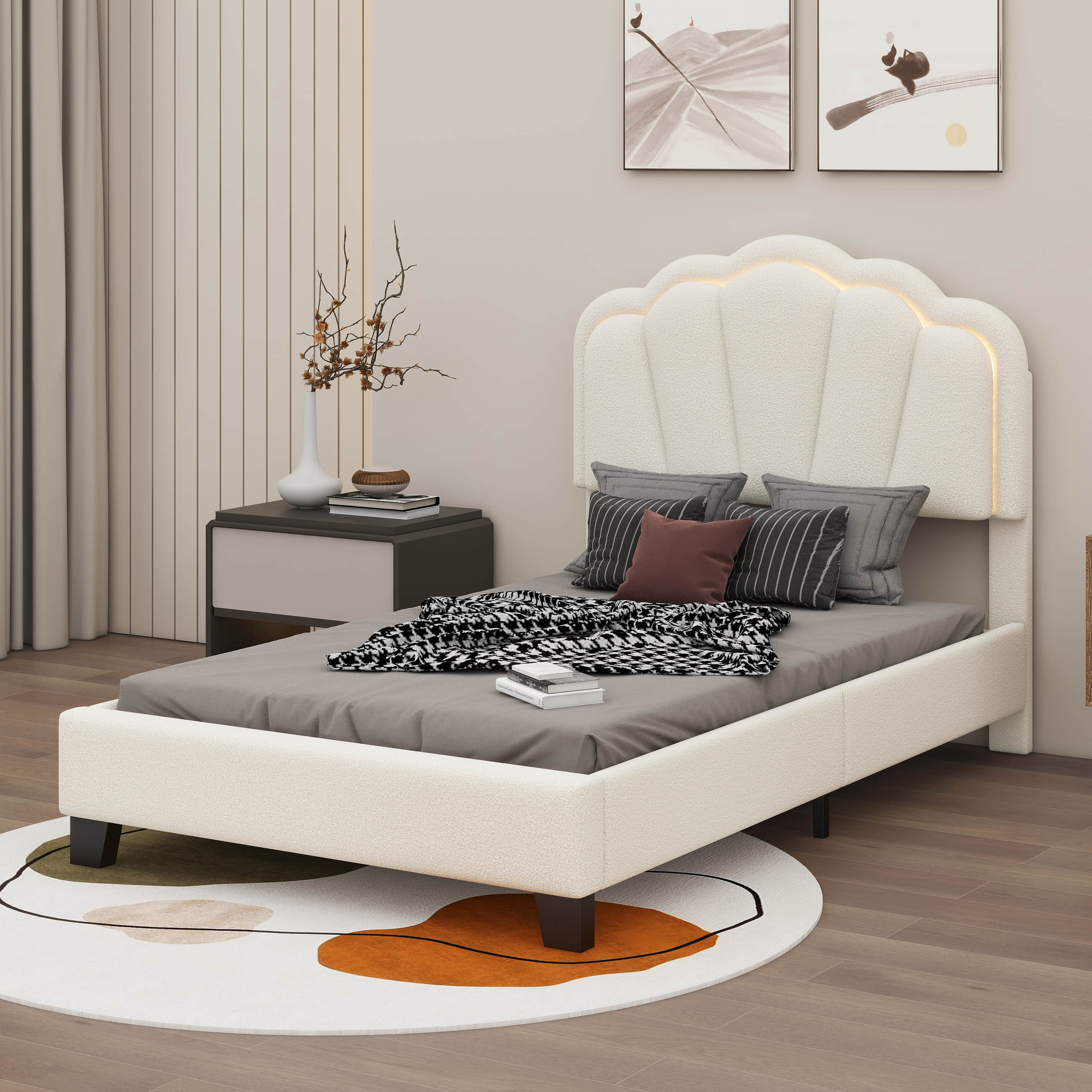 Mercer41 Jarai Upholstered FlowerShape Bed, Elegant Flowers Headboard