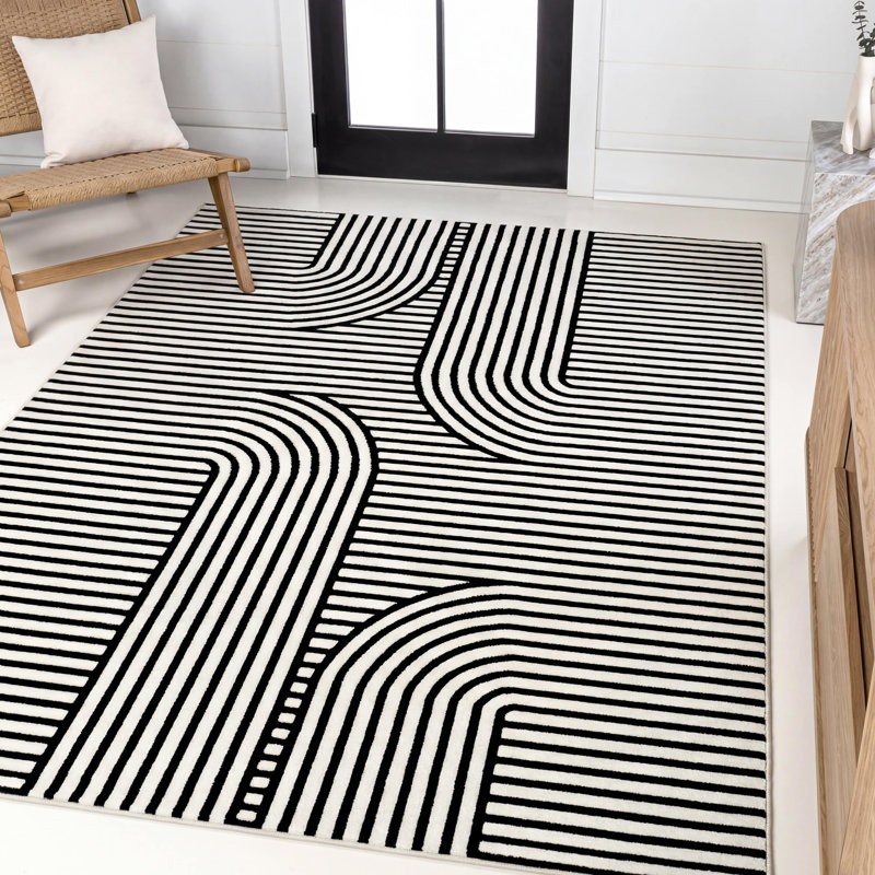 Tapis noir / blanc Anders MidCentury, Rectangle 7 pi 9 po x 10 pi