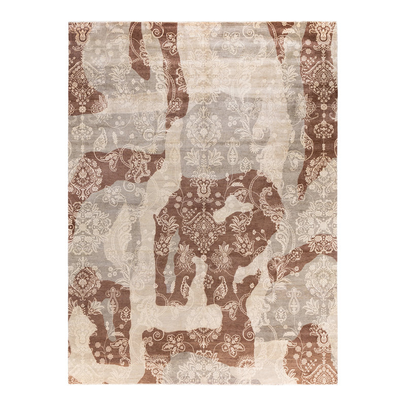 Tapis noué à la main de conception unique Ikat - ivoire, 9 pi 2 po x 12 pi 4 po